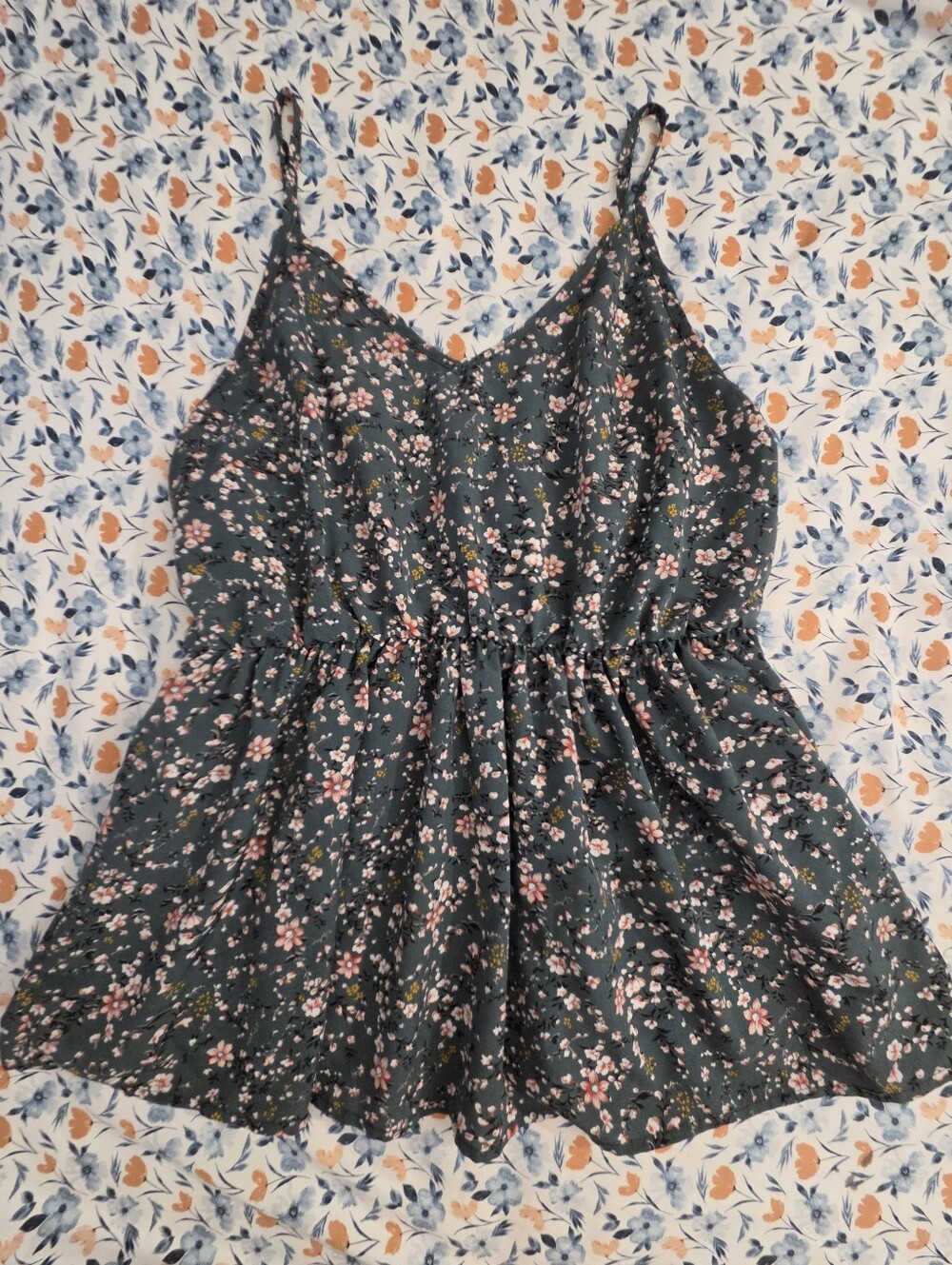 Floral Spaghetti-Strap Peplum Tank Top - Dark Green/Teal